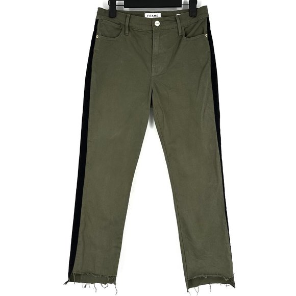 Frame Denim Le High Straight Olive Khaki Green Chino Pants Raw Step Hems Size 26 - Picture 2 of 10